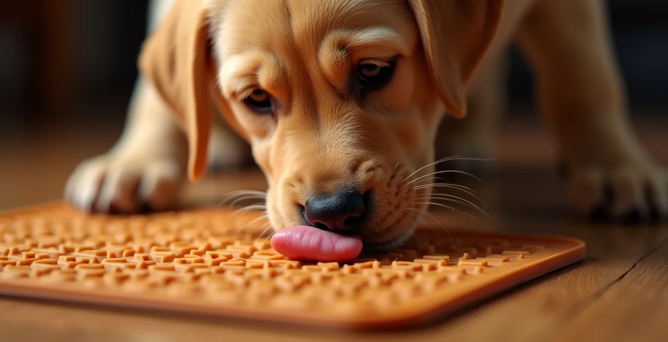 Close-up of puppy using a licking mat with peanut butter in soft evening light