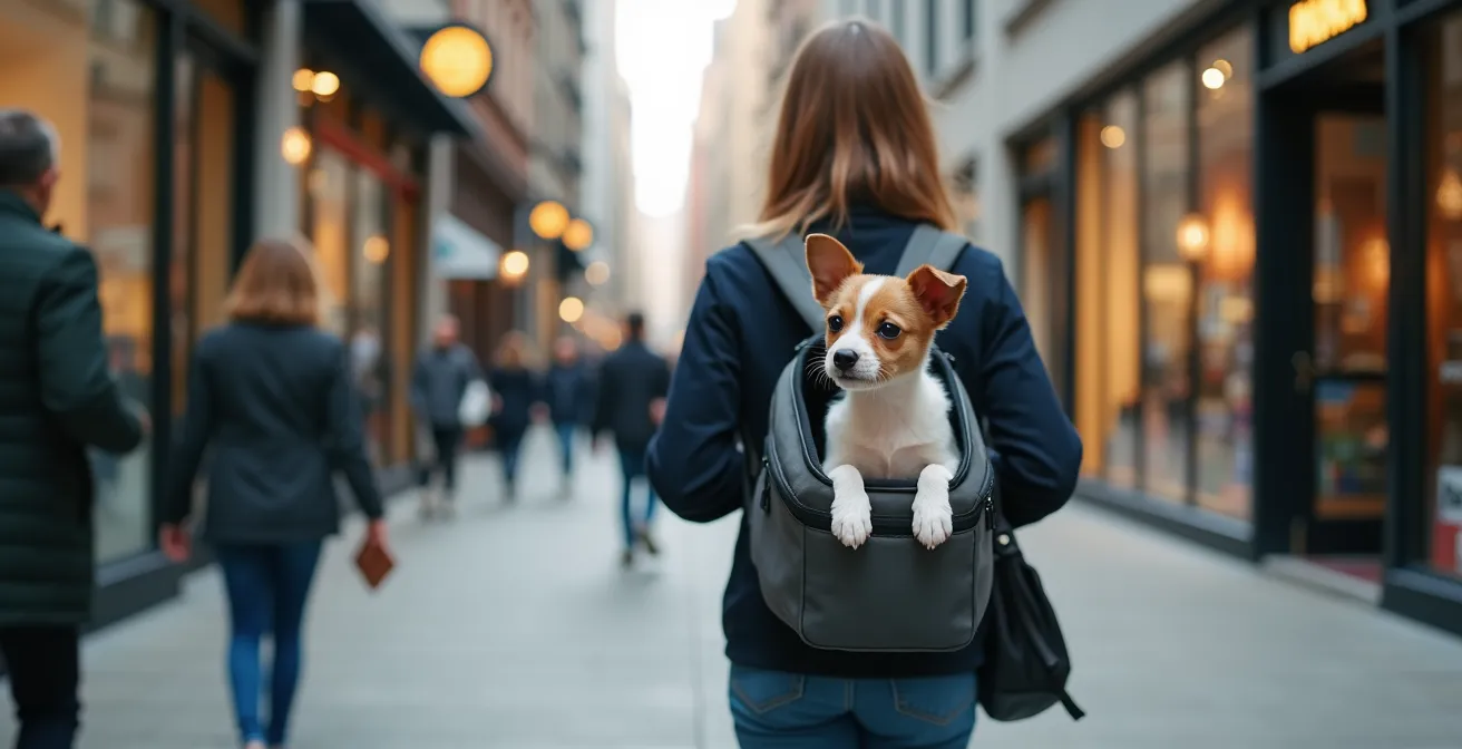 Owner carrying small puppy in front carrier while walking through busy urban street