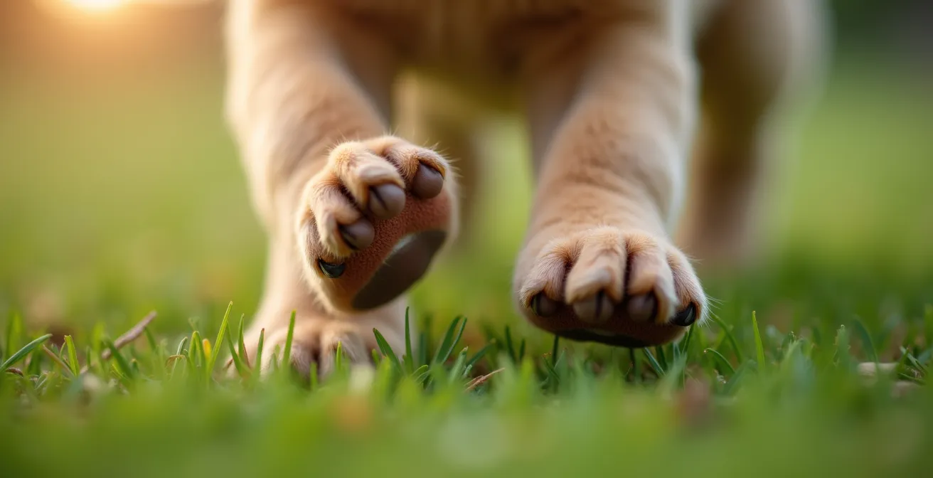 Young dog stepping carefully through ground poles for safe foundation training
