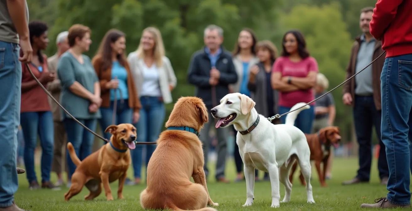 Diverse group of dog owners with various breeds at outdoor community gathering