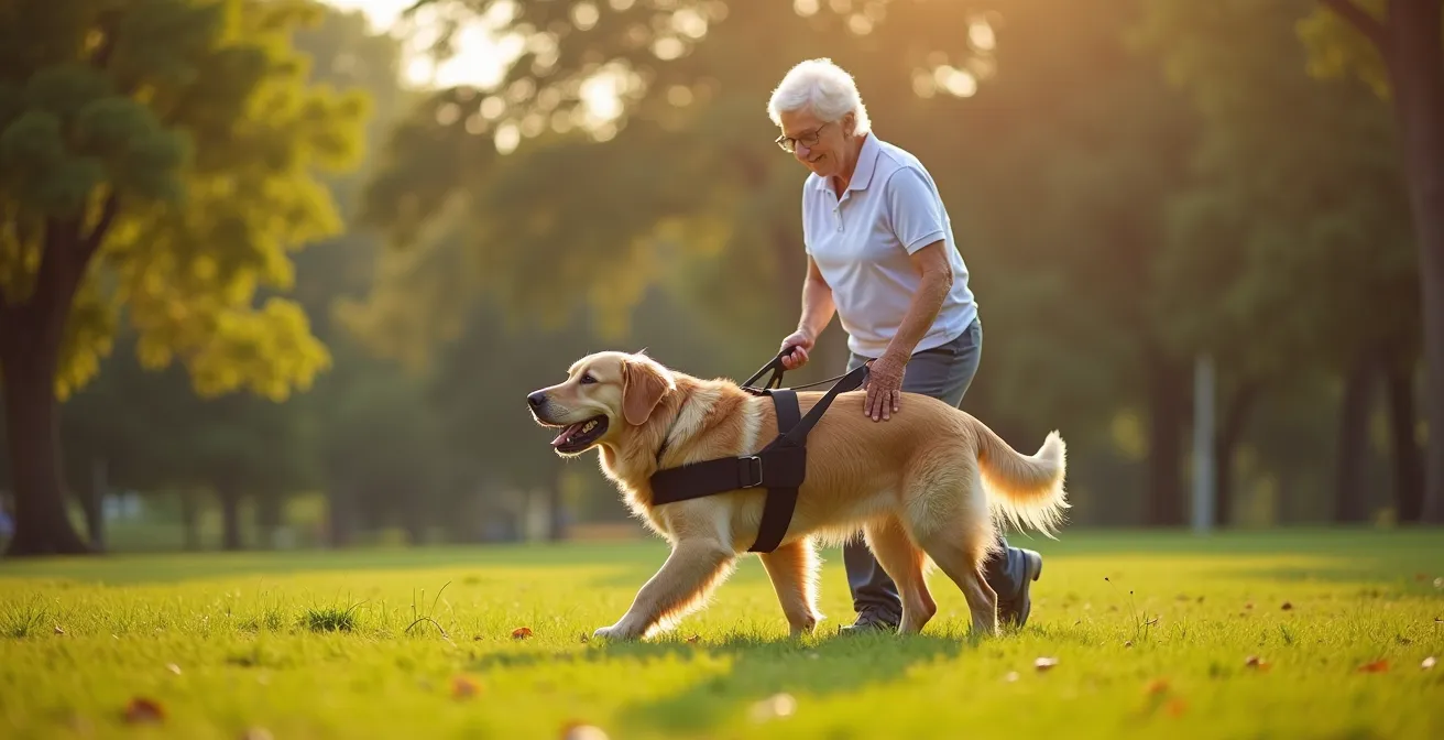 Senior dog wearing supportive harness during controlled exercise session outdoors