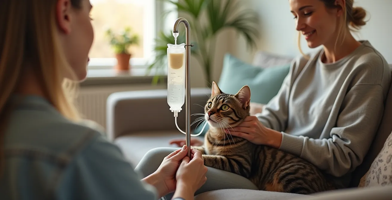 Owner gently administering subcutaneous fluids to relaxed cat in a comfortable home environment
