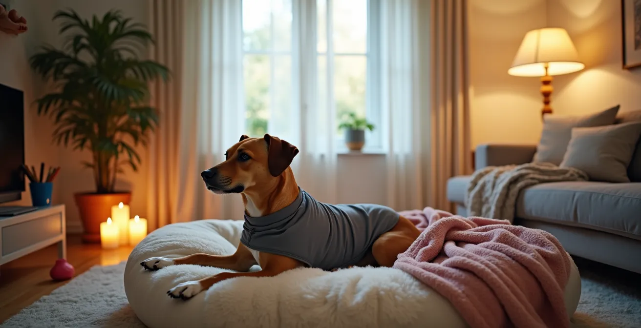 Dog wearing ThunderShirt in comfortable indoor setting with calming elements arranged around