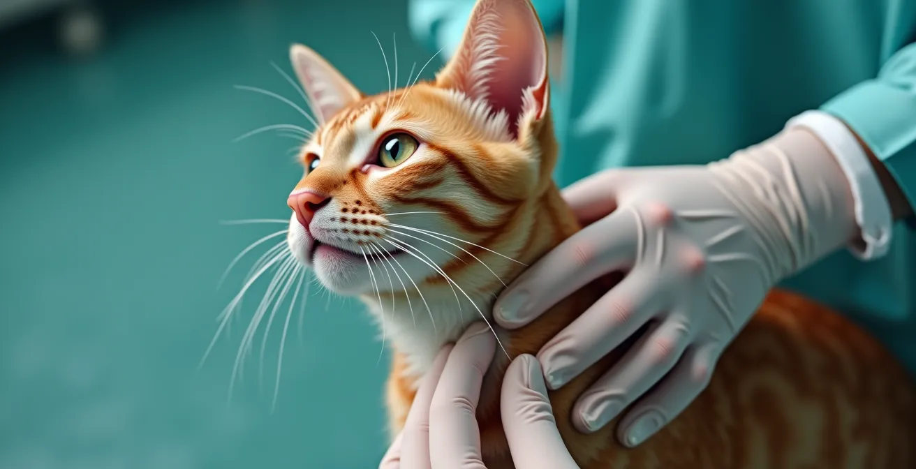 Macro shot of veterinarian's gloved hands palpating a cat's neck area during thyroid examination