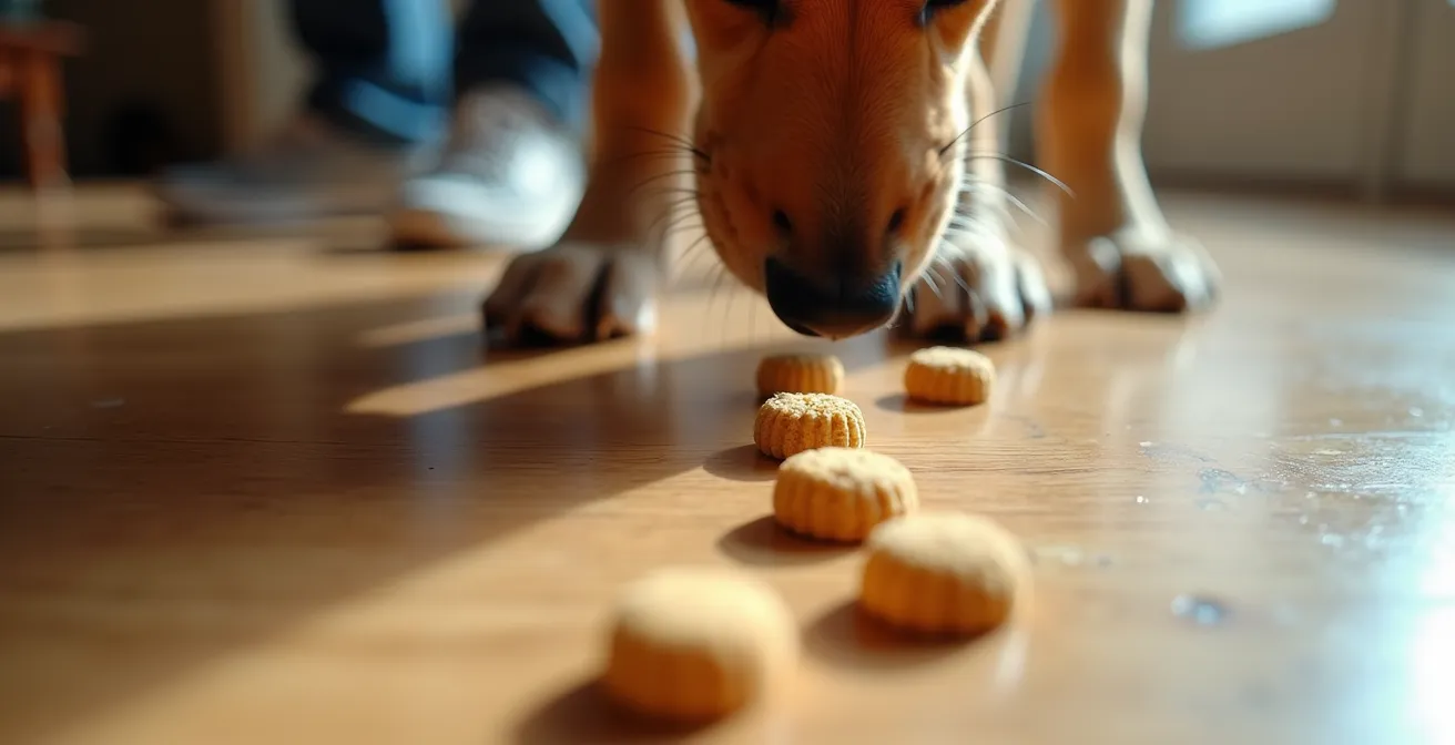 Overhead view showing spatial dynamics of treat-retreat game with dog, visitor, and treat trajectory paths
