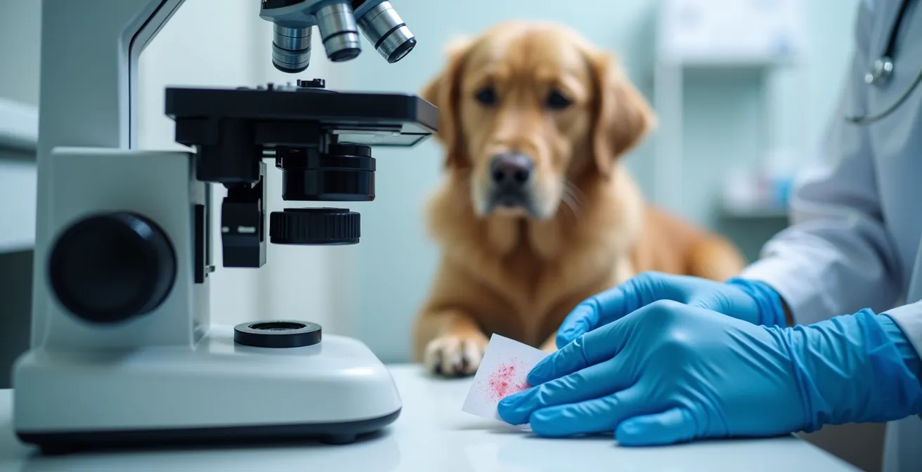 Veterinarian examining skin sample under microscope while golden retriever sits calmly nearby