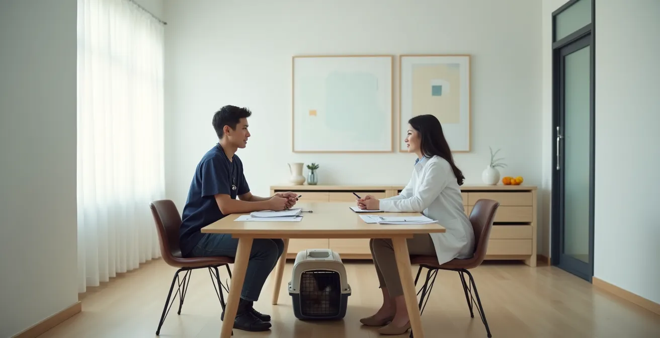 Pet owner reviewing detailed treatment estimate with veterinarian at consultation table