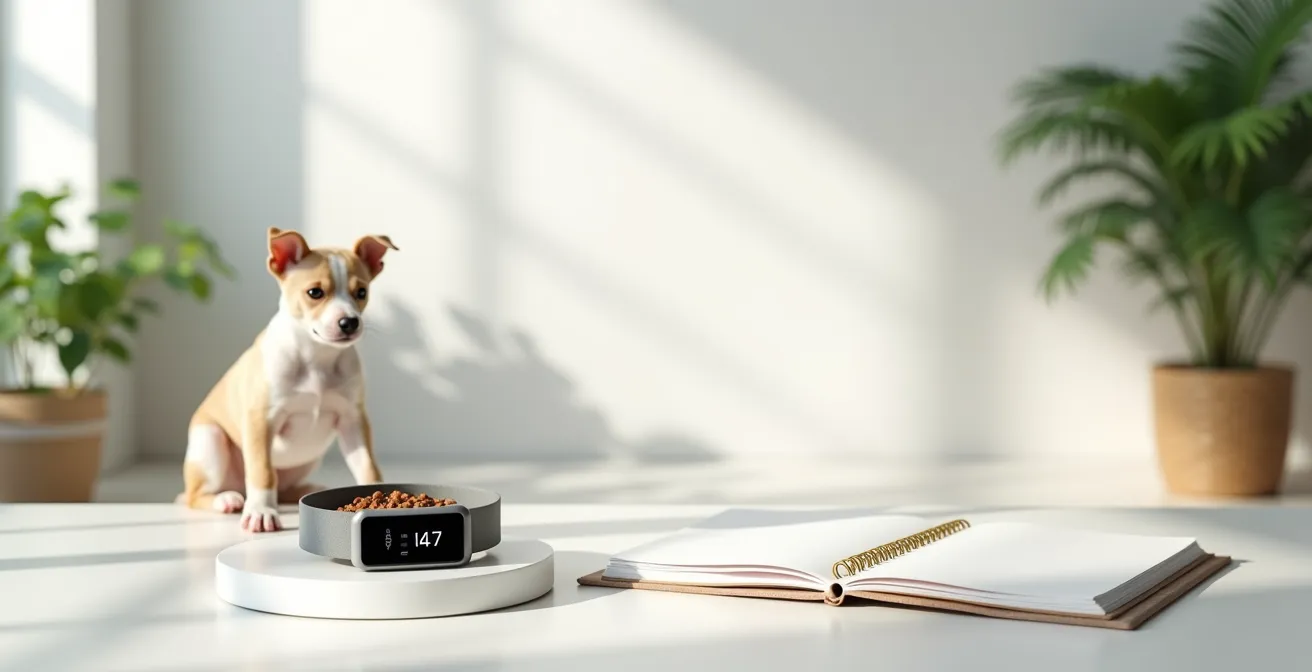 Wide shot of modern home environment with pet health monitoring devices arranged naturally