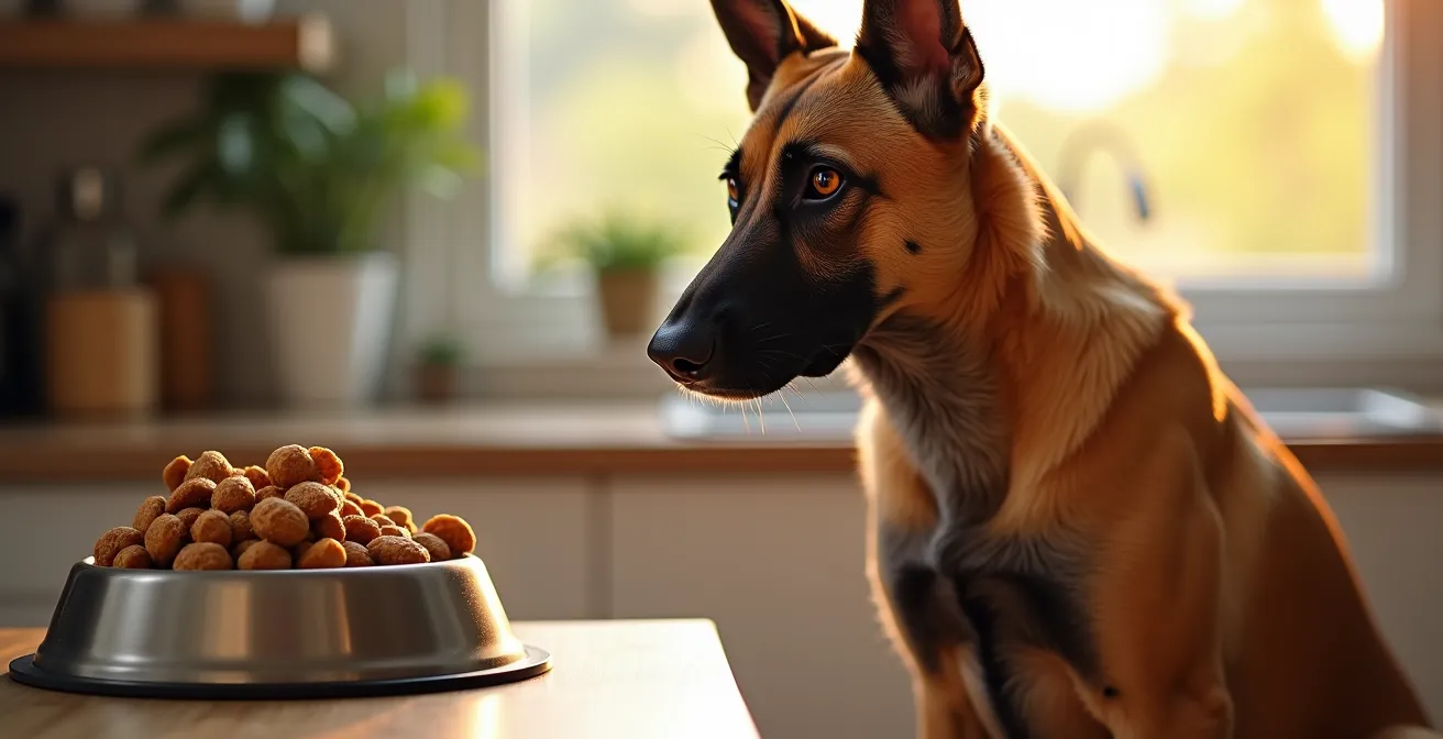 Athletic working dog beside high-energy meal components showing fat-rich ingredients and portion control