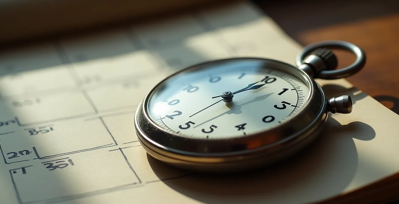 Close-up macro shot of a stopwatch and training log notebook showing time progression patterns